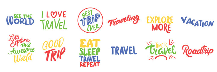 Collection of text about travel. Hand drawn vector art.
