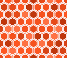 Honeycomb mosaic background. Simple hexagon grid with inner solid cells. Orange color tones. Hexagonal cells. Seamless pattern. Tileable vector illustration.