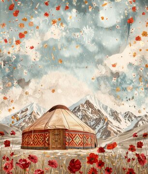 An illustration of traditional yurt on the meadow with mountains.