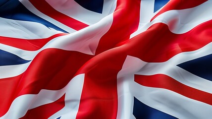 A close-up photograph of the Union Jack, the national flag of the United Kingdom, waving in the wind. The fabric is smooth and the colors are vibrant
