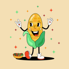 Comic flat Sweet Corn with face on decorated background. Vector cartoon illustration in groovy retro style with healthy salad. Vintage image of cute vegetable character with smile for poster or banner