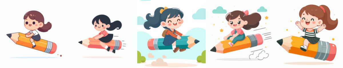 vector set of happy kid riding on a pencil