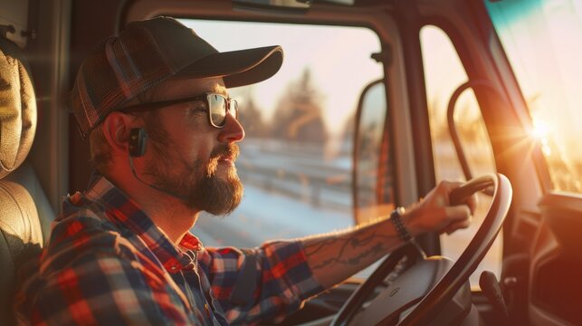 CDL Commercial Driver Inside of His Truck. Transportation Industry Theme. hyper realistic 