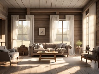 Fototapeta premium Mockup frame in farmhouse living room interior, 3d render 