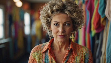 Obraz premium Curly middle-aged woman in bright clothes.