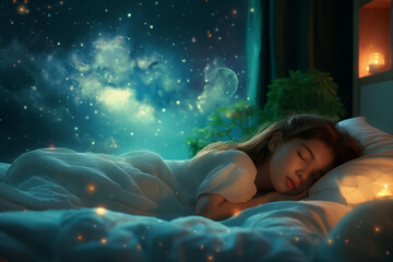 A serene bedroom scene with a person sleeping, bathed in the soft glow of moonlight, and a window overlooking a calm, star-filled night