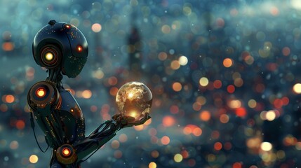 A sophisticated AI robot holds an illuminated globe on a sparkly city background, symbolizing advanced technology and global connectivity