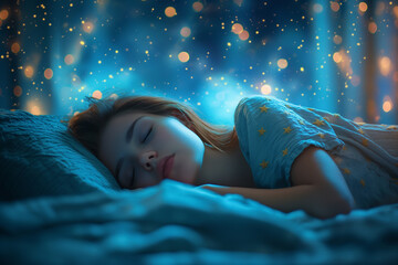A serene bedroom scene with a person sleeping under a sky filled with twinkling stars, creating a dreamy, peaceful atmosphere