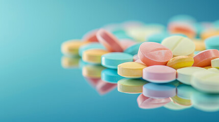 Assorted Pills on Reflective Surface Against Blue Background