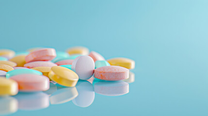 Assorted Pills Scattered on Blue Background