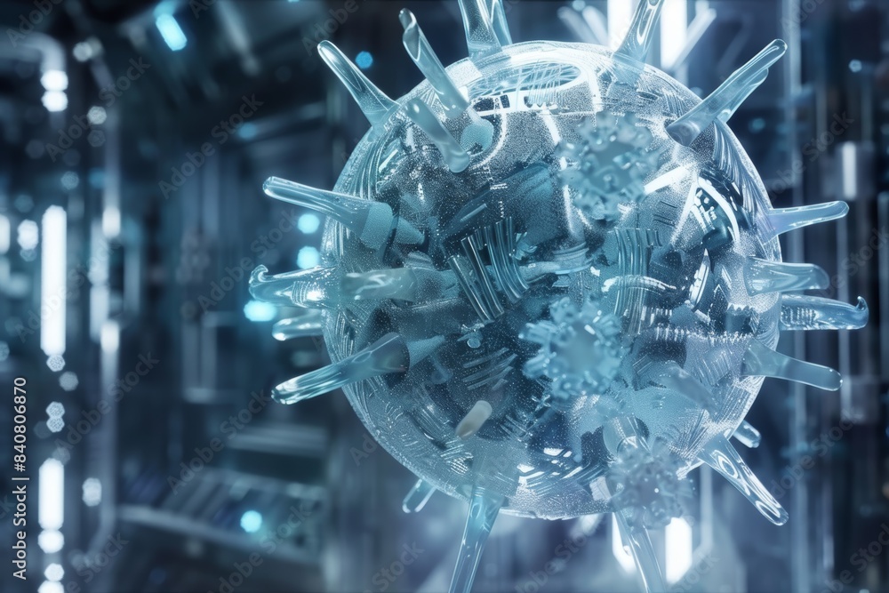 Poster 3d render of a cold virus particle in translucent red and blue on a high tech background for scienti