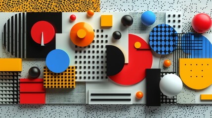 Obraz premium Abstract Geometric Shapes Arranged on White Background With Black Dot Pattern