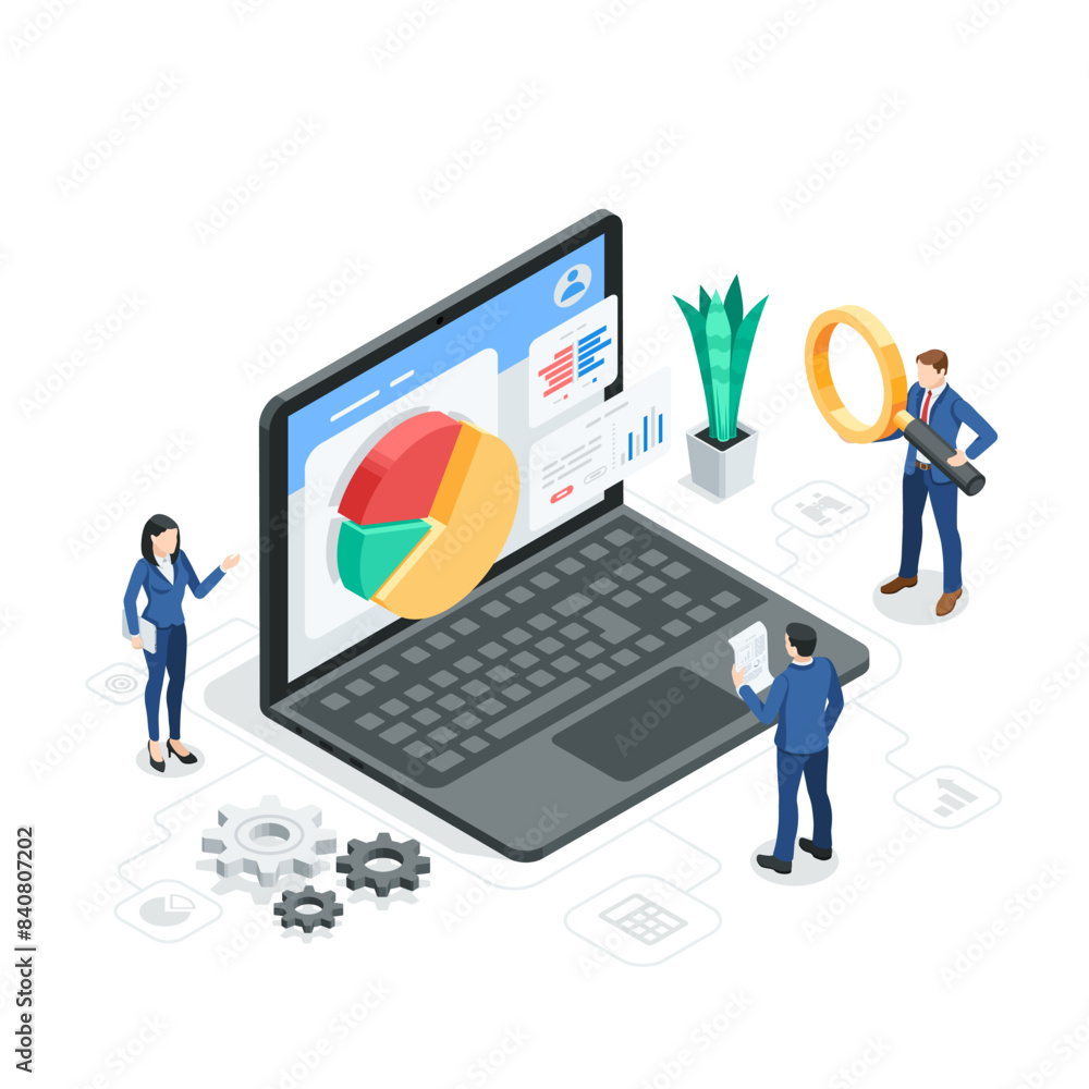 Poster isometric vector pie chart on a laptop screen and business people working with it, in color on a whi