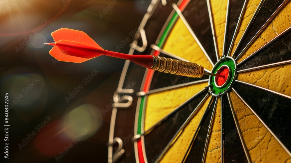 Poster dart in the middle of a bullseye reaching the target with good aim , success concept image hyper rea