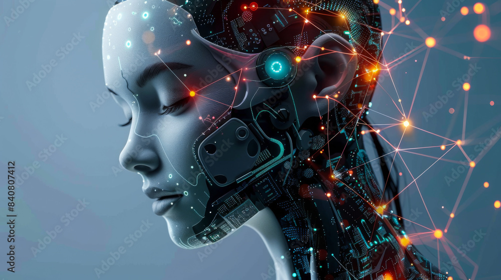Poster a woman's face is shown with a computer chip in her head. the image is a representation of the futur