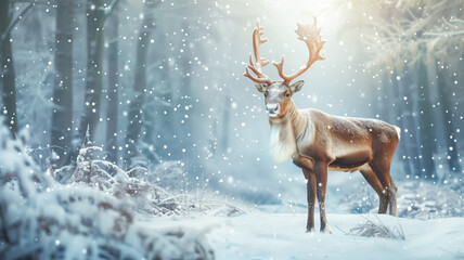 Christmas Rudolph reindeer in winter forest Generative AI