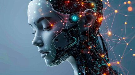 A woman's face is shown with a computer chip in her head. The image is a representation of the future of technology and the potential for artificial intelligence. The woman's expression is calm.