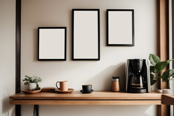 Modern minimalist composition of wooden frame mockup, living room interior, 3d render