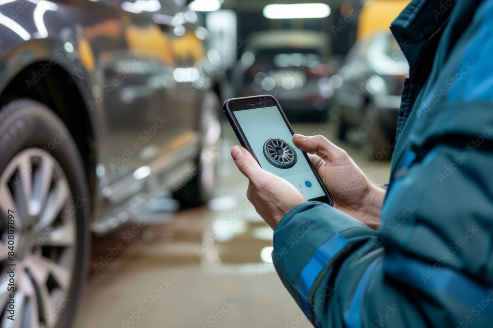 Poster car owner using smartphone app for tire rotation scheduling and maintenance service