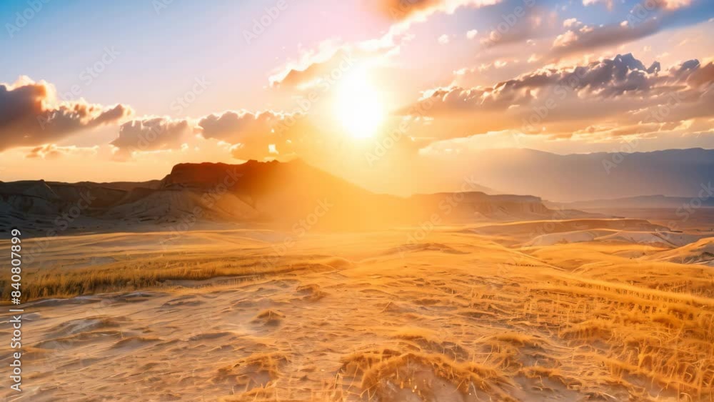 Poster sun rays piercing through cloudy sky above a vast field, a surreal landscape with oversized sun rays