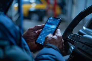 Car Owner Scheduling Brake Service via Smartphone App at Local Auto Repair Shop