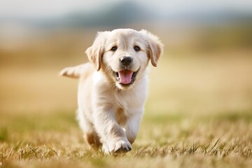Portrait photo of a happy golden retriever puppy running towards the camera, with a blurred background. There's soft natural light.