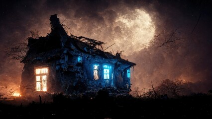 Abandoned house illuminated by full moon in eerie night landscape