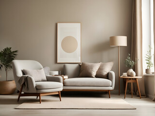 Modern minimalist composition of wooden frame mockup, living room interior, 3d render