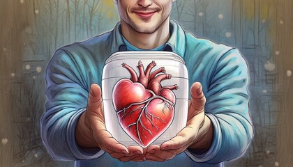 A man holds out an organ container with a human heart drawn on it. Promotion of organ donation