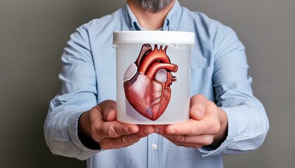 A man holds out an organ container with a human heart drawn on it. Promotion of organ donation