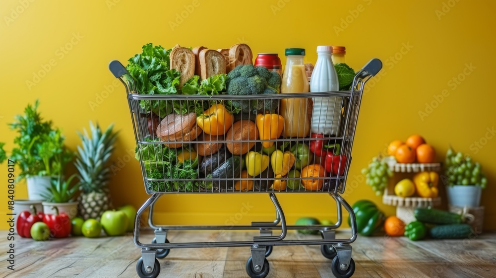 Poster a visually appealing 3d rendering of a shopping cart filled with an assortment of grocery items, inc