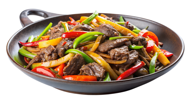 a close-up of a stir-fry dish in a pan. The dish consists of sliced beef and various vegetables, including green bell peppers, red bell peppers, onions, and possibly snap peas or green beans
