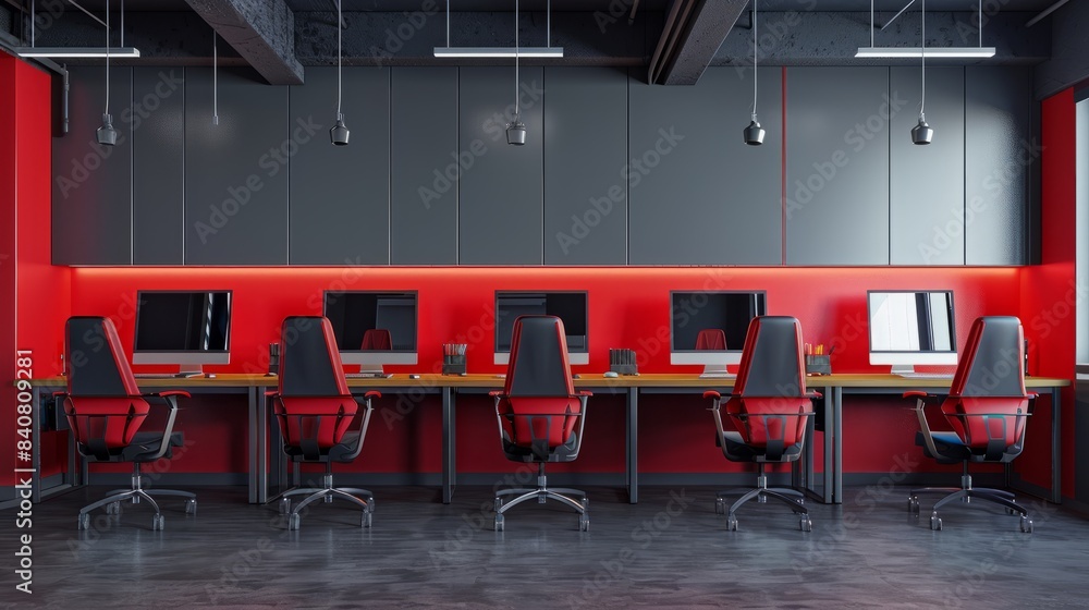 Poster gray and red hot desk office corner with row of computer desks hyper realistic