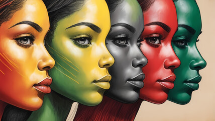 Diverse of african american woman in a color red, yellow, green and black for juneteenth etc.