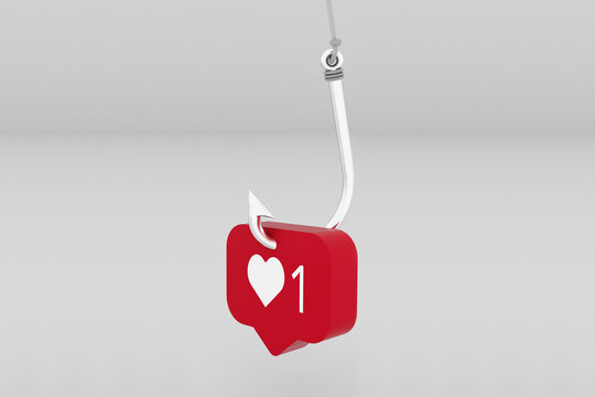 Social Media Like Button in a Fish hook as a bait - 3D Illustration