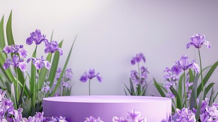 Purple podium surrounded by blooming purple irises and lilac flowers in a soft, elegant setting. Generated AI. © Mariana