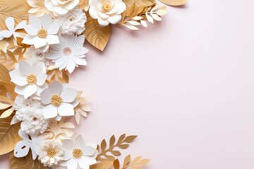 Paper cut flowers and leaves surround empty copy space. Mockup. Wedding and party decorations. Background for publications and presentations