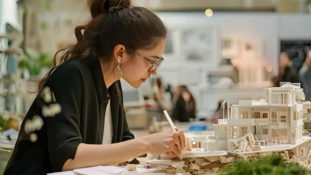A female architect sits at a table, focused on creating a model of her latest design, A talented architect showcasing her latest design, blending creativity and technical skill