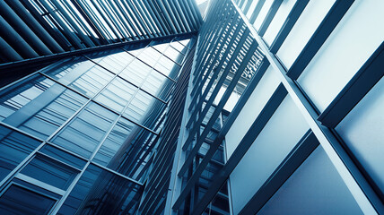 Close up of modern architecture in an industrial or office building with a metal wall glass door and a hi tech geometric steel structure featuring rectangles and parallel, Generative AI
