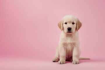 Studio portrait photo of a cute golden retriever puppy sitting against a background of pastel shades, with copy space.