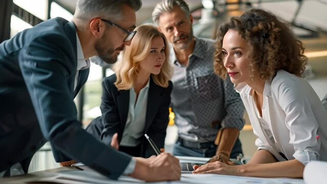 A group of people, likely business colleagues, standing around a table engaged in discussion or collaboration, A team of business colleagues working together on a project