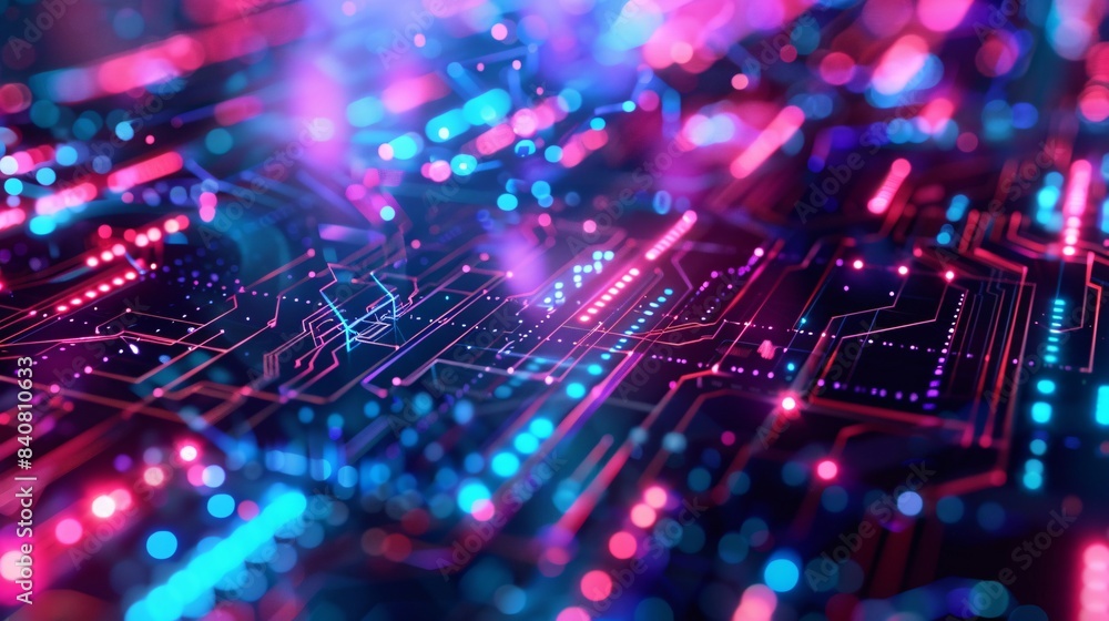 Poster a computer chip with a blue and red background