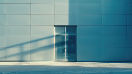Close up of modern architecture in an industrial or office building with a metal wall glass door and a hi tech geometric steel structure featuring rectangles and parallel, Generative AI