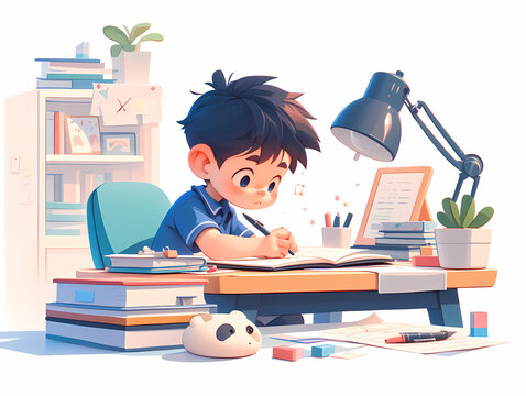 student sitting on the desk studying writing on notebook doing his homework at home