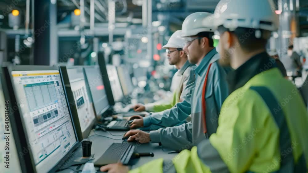 Poster team of men in hardhats collaborating on computer tasks in a modern workspace, a team of engineers c