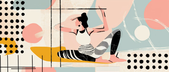 Abstract yoga pose with geometric patterns and soft hues, a woman practices gym, lifestyle illustration for fitness banner. Minimalist style with bold shapes and brush strokes