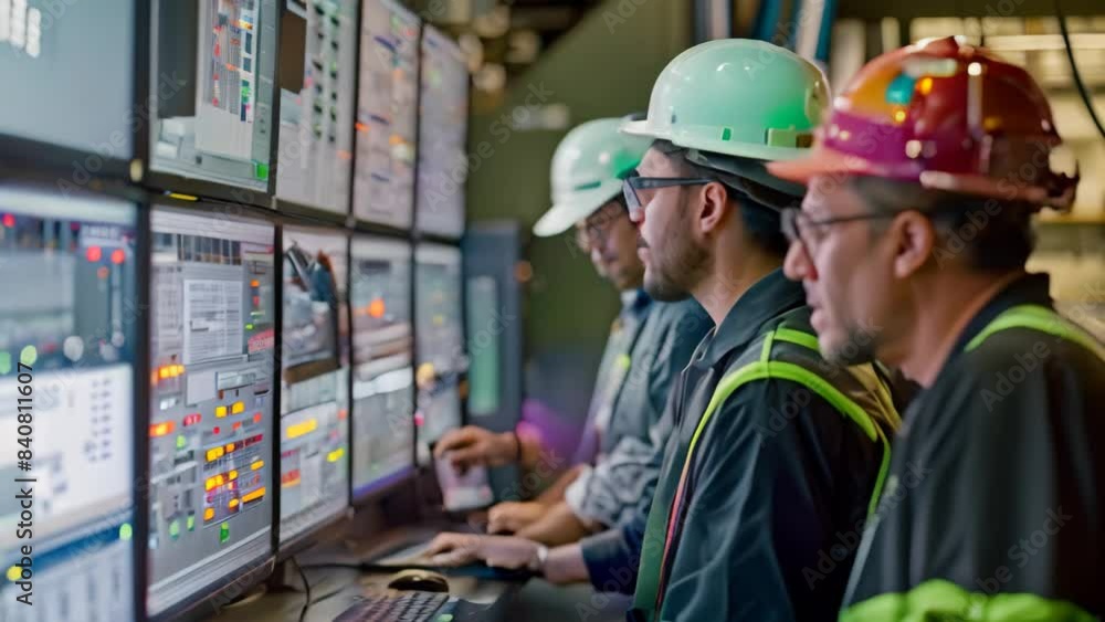 Poster group of men in hard hats working together on a computer screen, optimizing operations, a team of en