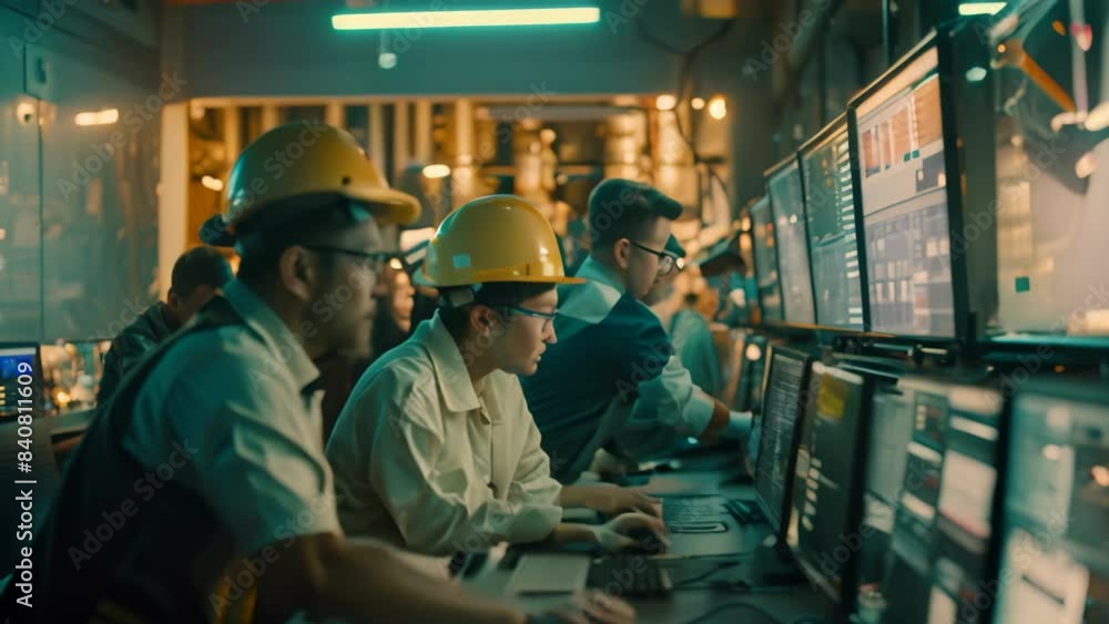 Poster group of men wearing hard hats working together on computer screens during a training session, a tea