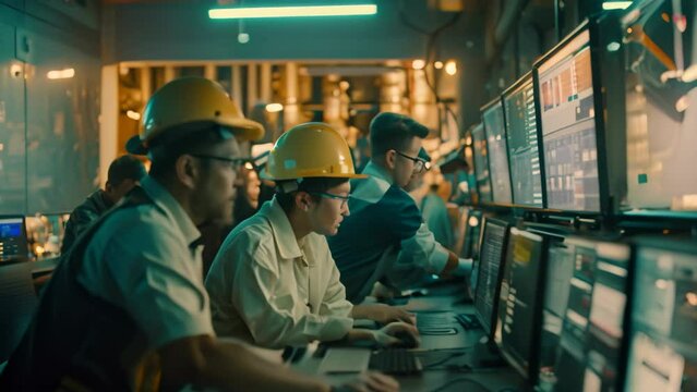 Group of men wearing hard hats working together on computer screens during a training session, A team of engineers conducts training on using a SCADA system for new operators