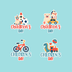 Fototapeta premium Happy children's day set of badges with cute toys
